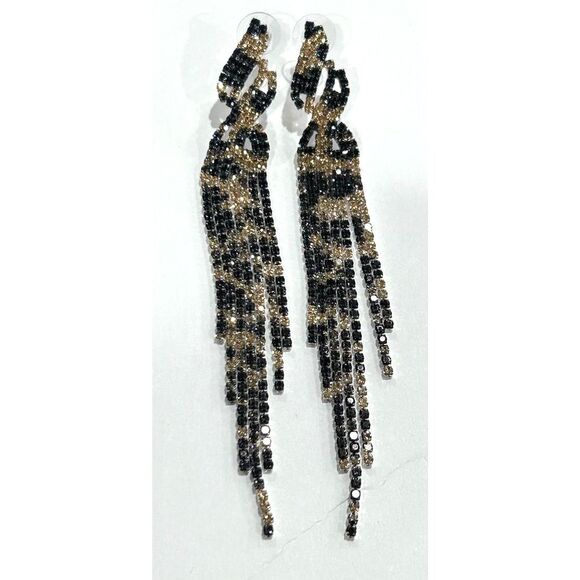 3/$39-Rhinestone Leopard black gold long dangle tassel drop statement earrings - Picture 1 of 1